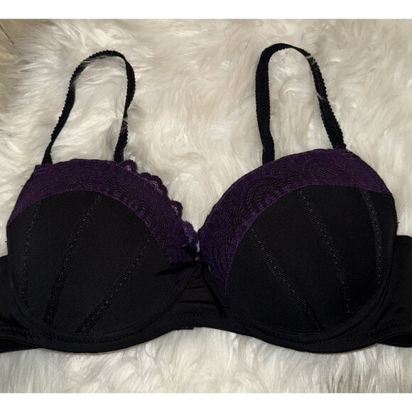 Jezebel 2915 Push Up Balconette Bra Underwire Lace Womens 34C Black Purple - Picture 3 of 7